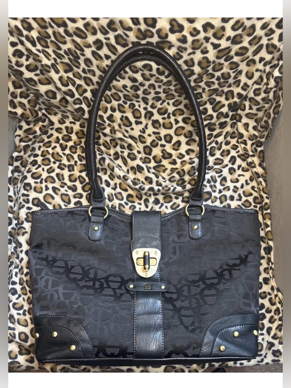 Etienne Aigner Black Turn lock Signature Jacquard/Leather Satchel/Shoulder/Tote